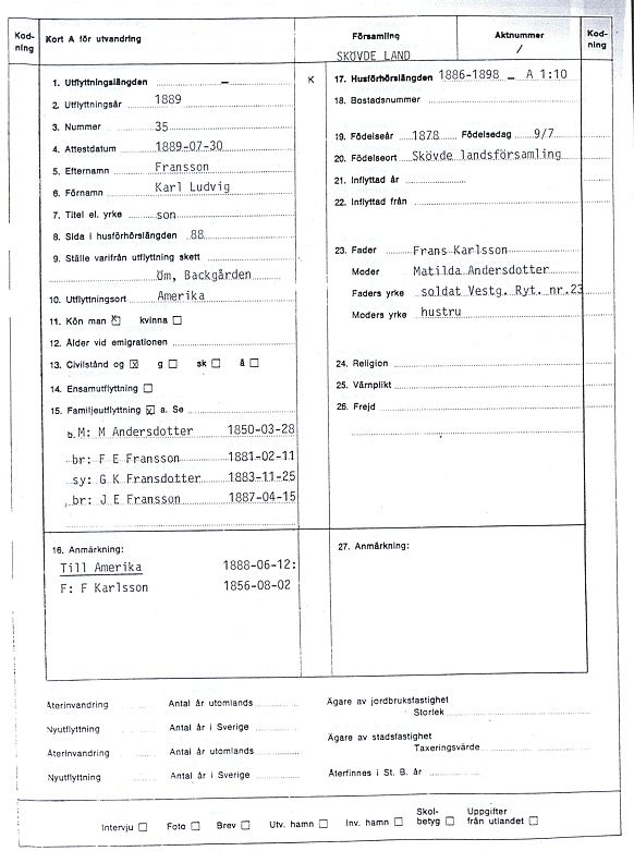 Swedish Emigration Record of Karl Ludvig Karlsson