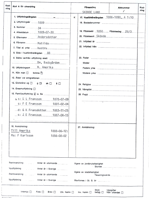 Swedish Emigration Record of Matilda Andersdotter