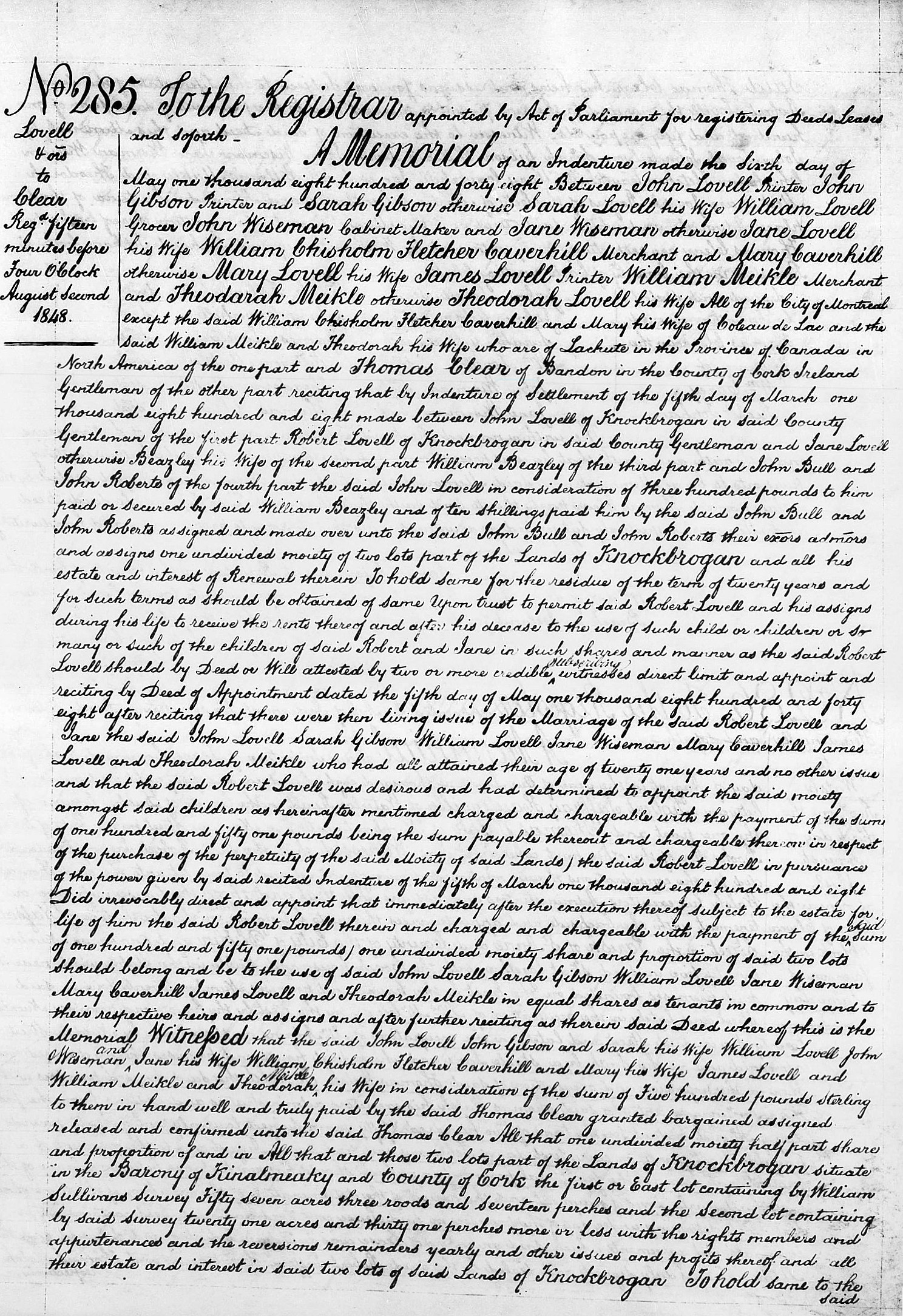 Lovell Land Deed in County Cork, Ireland, 1848, Page 1