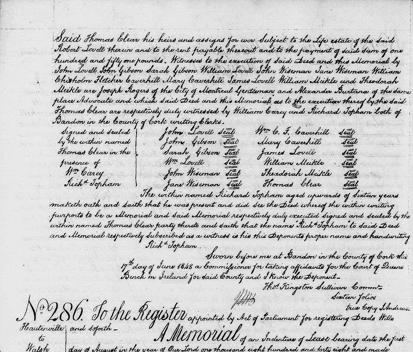 Lovell Land Deed in County Cork, Ireland, 1848, Page 2